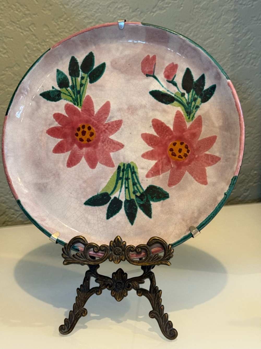 Vintage handmade & hand painted Ceramic Wall Plate with Silver Accent  signature